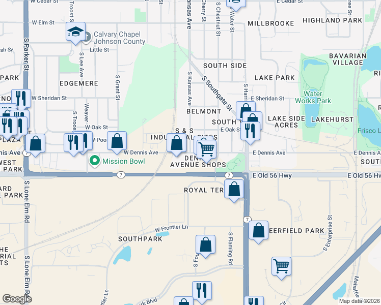 map of restaurants, bars, coffee shops, grocery stores, and more near 1210 South Kansas Avenue in Olathe