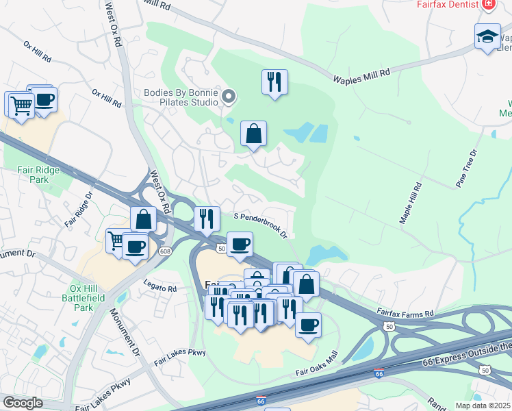 map of restaurants, bars, coffee shops, grocery stores, and more near 3909 Clares Court in Fairfax