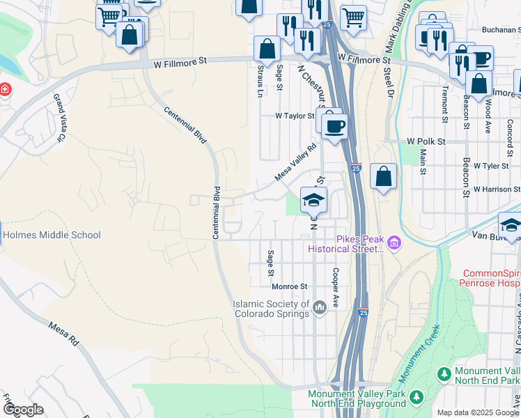map of restaurants, bars, coffee shops, grocery stores, and more near 2675 Christopher Terrace in Colorado Springs