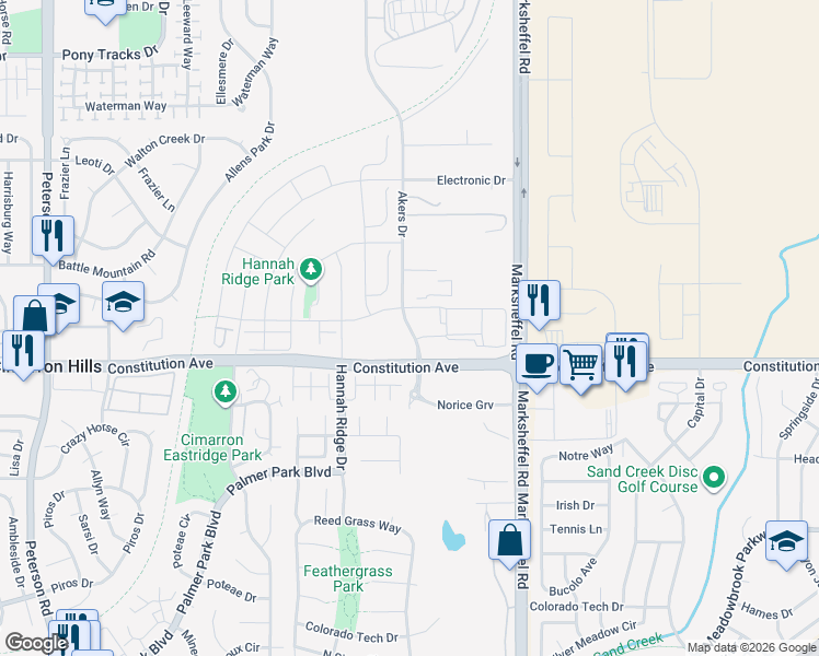 map of restaurants, bars, coffee shops, grocery stores, and more near 2645-2673 Akers Drive in Colorado Springs