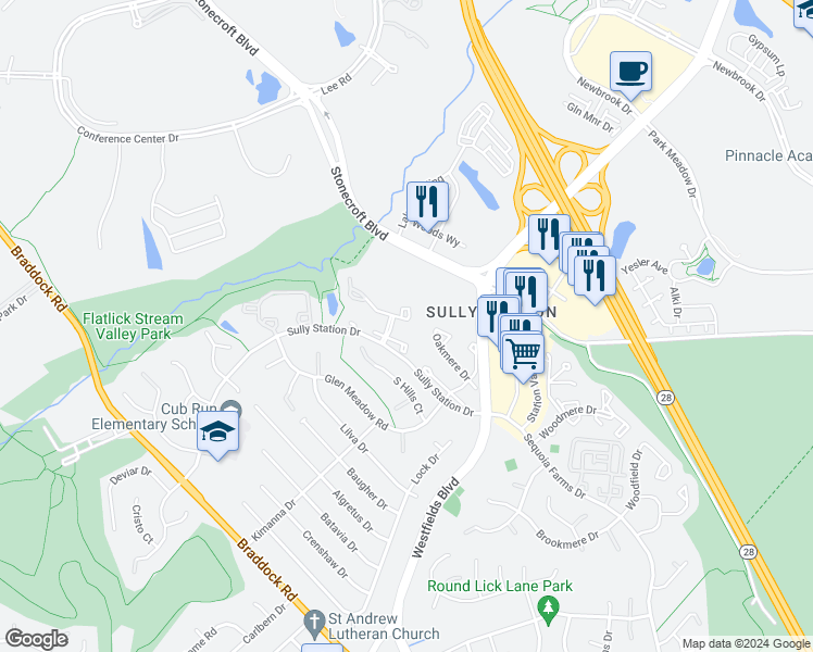 map of restaurants, bars, coffee shops, grocery stores, and more near 14511 Creek Branch Court in Centreville