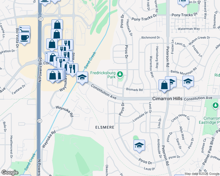 map of restaurants, bars, coffee shops, grocery stores, and more near 6310 Chantilly Place in Colorado Springs