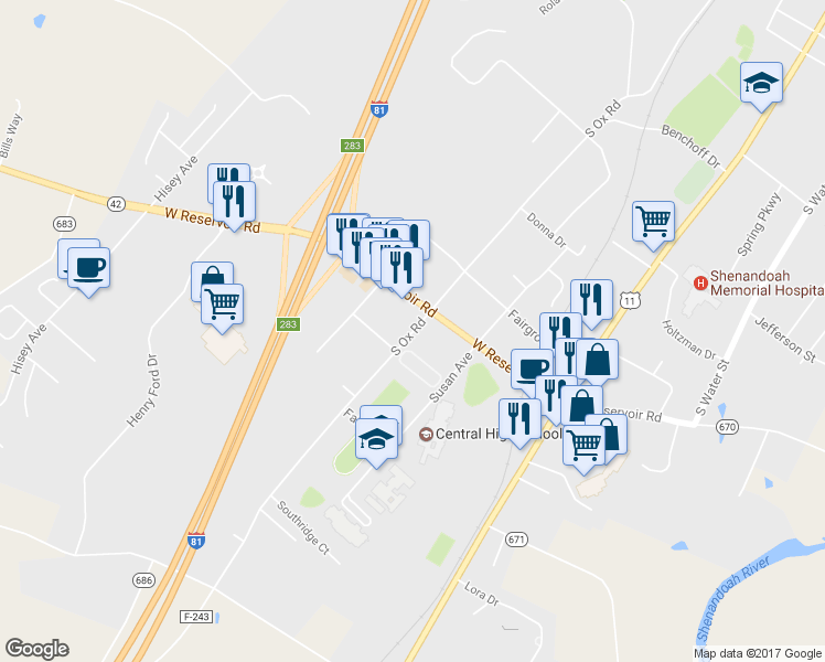 map of restaurants, bars, coffee shops, grocery stores, and more near 1114 South Ox Road in Woodstock
