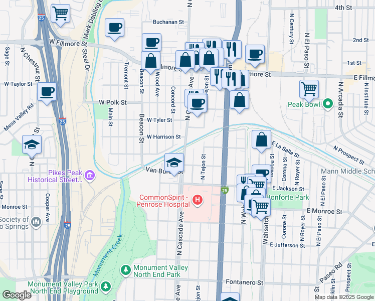 map of restaurants, bars, coffee shops, grocery stores, and more near 2525 North Cascade Avenue in Colorado Springs
