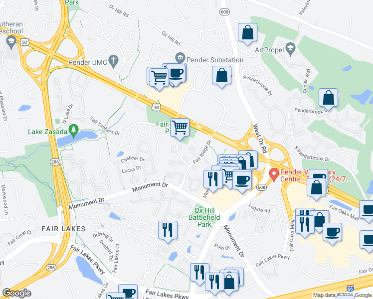 map of restaurants, bars, coffee shops, grocery stores, and more near 12331 Quiet Hollow Court in Fairfax