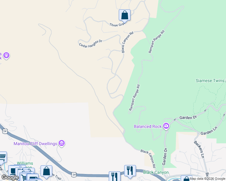 map of restaurants, bars, coffee shops, grocery stores, and more near 2530 White Rock Lane in Colorado Springs
