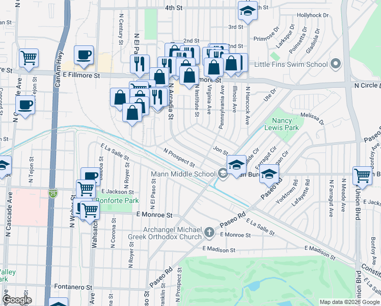 map of restaurants, bars, coffee shops, grocery stores, and more near 2723 North Arcadia Street in Colorado Springs