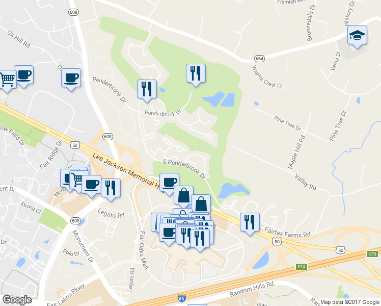 map of restaurants, bars, coffee shops, grocery stores, and more near 3791 Inverness Road in Fairfax