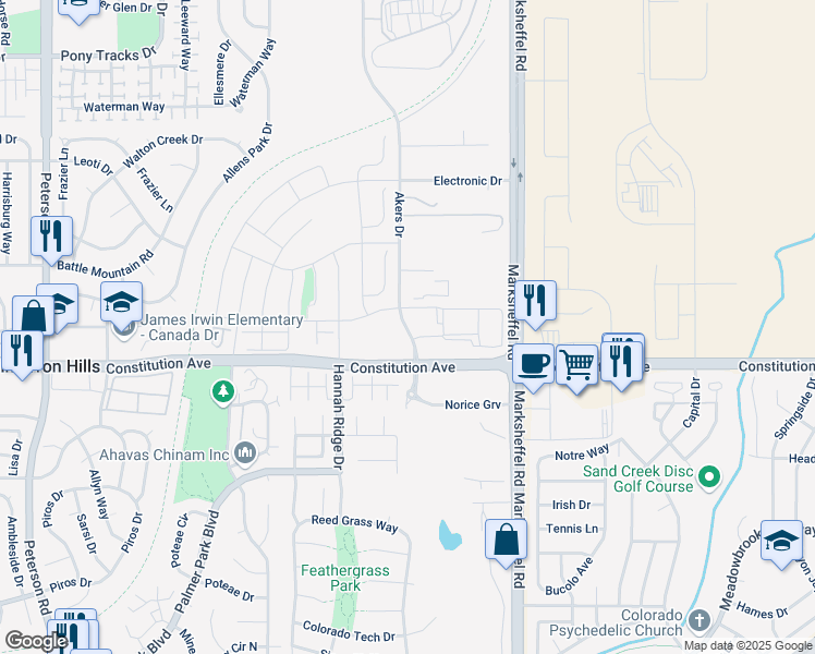 map of restaurants, bars, coffee shops, grocery stores, and more near 2645-2673 Akers Drive in Colorado Springs
