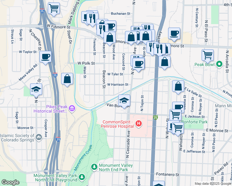 map of restaurants, bars, coffee shops, grocery stores, and more near 2514 Wood Avenue in Colorado Springs