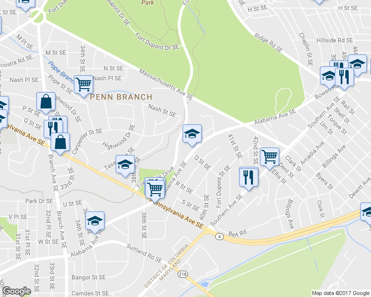 map of restaurants, bars, coffee shops, grocery stores, and more near 3930 Alabama Avenue Southeast in Washington