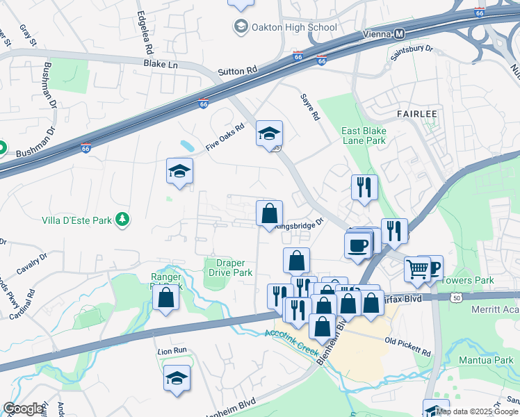 map of restaurants, bars, coffee shops, grocery stores, and more near 9710 Kingsbridge Drive in Fairfax