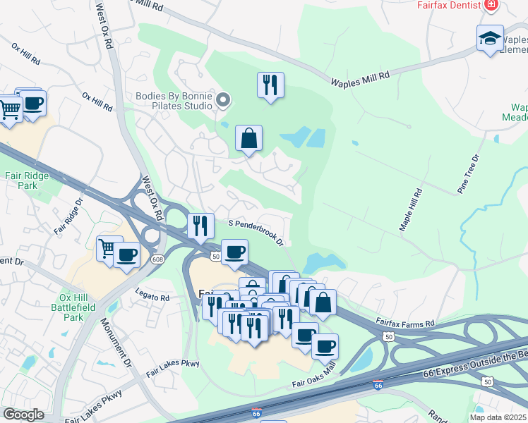 map of restaurants, bars, coffee shops, grocery stores, and more near 3791 Inverness Road in Fairfax