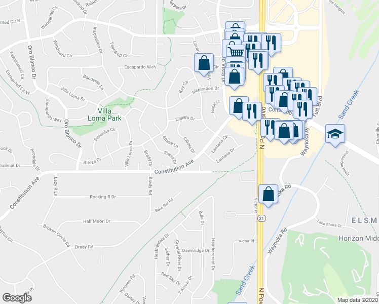 map of restaurants, bars, coffee shops, grocery stores, and more near 2624 Cibola Drive in Colorado Springs