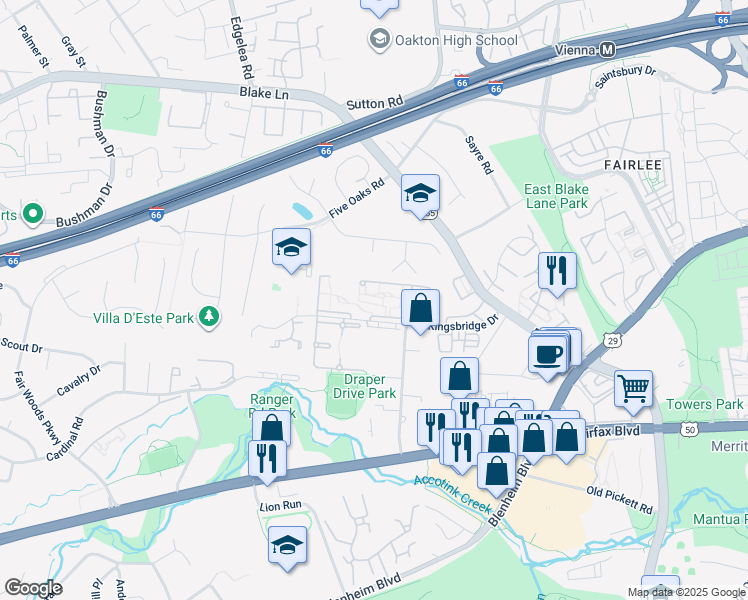 map of restaurants, bars, coffee shops, grocery stores, and more near 9733 Kings Crown Court in Fairfax