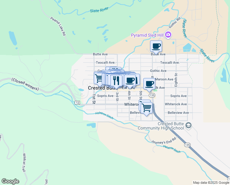map of restaurants, bars, coffee shops, grocery stores, and more near 232 Elk Avenue in Crested Butte