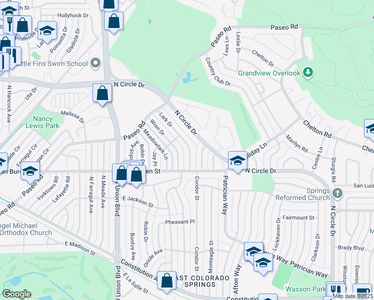 map of restaurants, bars, coffee shops, grocery stores, and more near 2626 Lark Drive in Colorado Springs