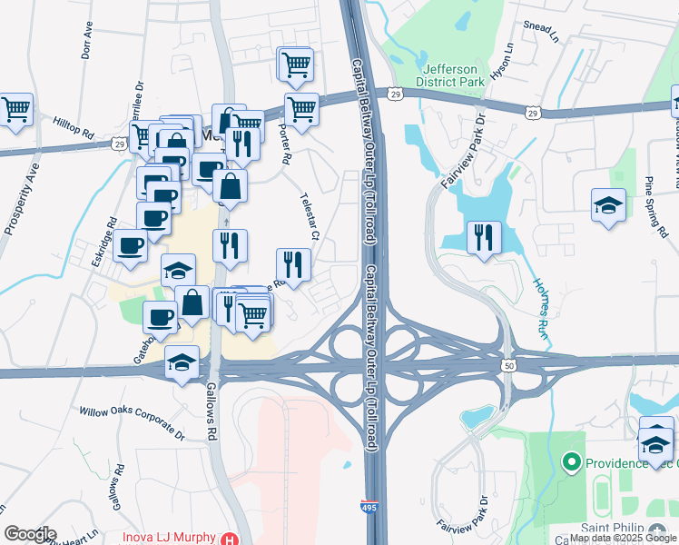 map of restaurants, bars, coffee shops, grocery stores, and more near 3021 Nicosh Circle in Falls Church