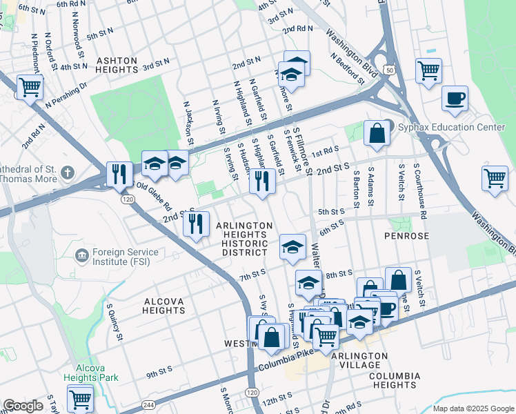 map of restaurants, bars, coffee shops, grocery stores, and more near 215 South Irving Street in Arlington