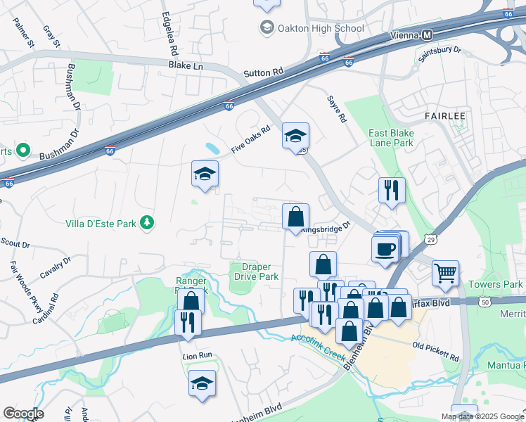 map of restaurants, bars, coffee shops, grocery stores, and more near 9733 Kings Crown Court in Fairfax