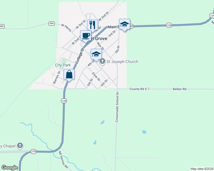 map of restaurants, bars, coffee shops, grocery stores, and more near 601 Elsie Street in Pilot Grove