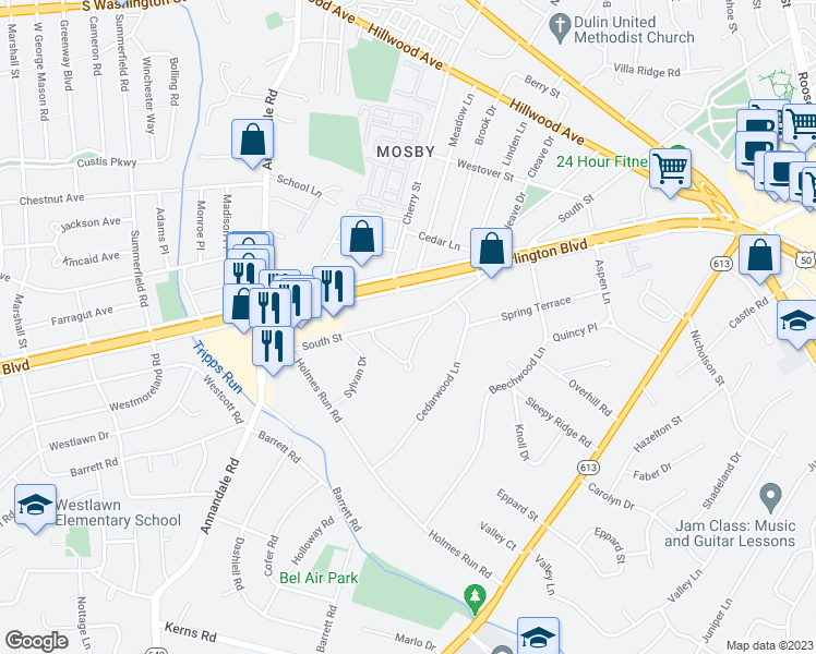 map of restaurants, bars, coffee shops, grocery stores, and more near 6545 South Street in Falls Church