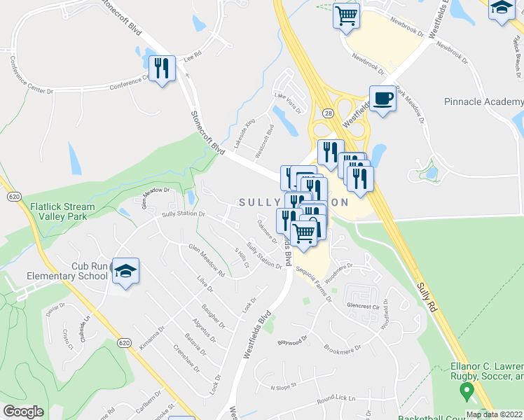 map of restaurants, bars, coffee shops, grocery stores, and more near 14558 Oakmere Drive in Centreville