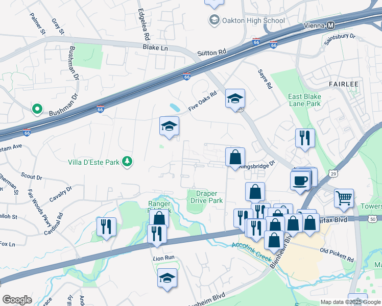 map of restaurants, bars, coffee shops, grocery stores, and more near 9812 Kingsbridge Drive in Fairfax