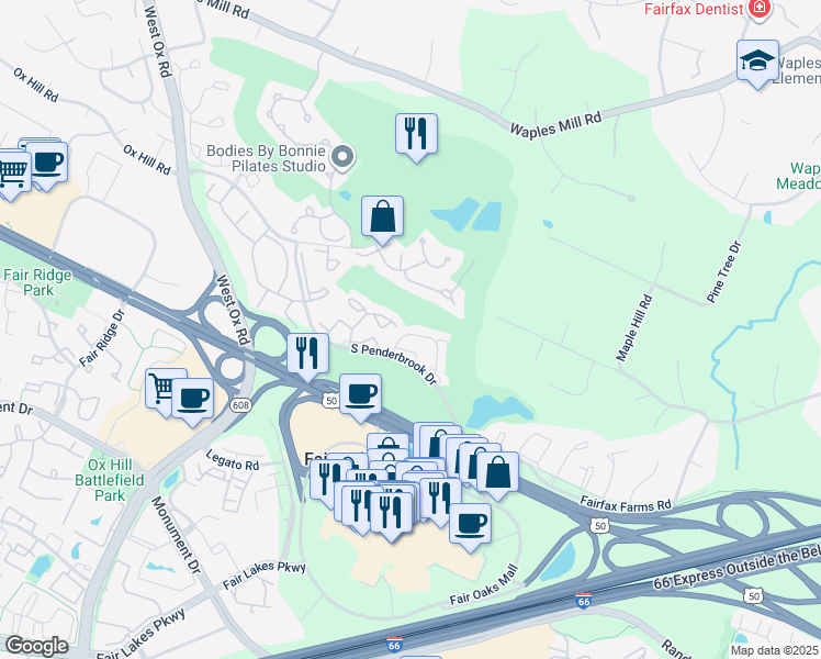 map of restaurants, bars, coffee shops, grocery stores, and more near 3795 Inverness Road in Fairfax
