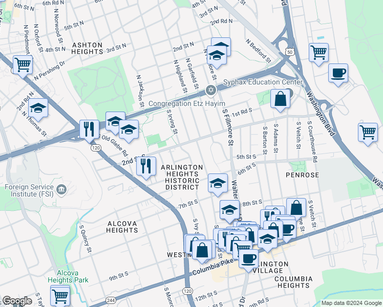 map of restaurants, bars, coffee shops, grocery stores, and more near 215 South Irving Street in Arlington