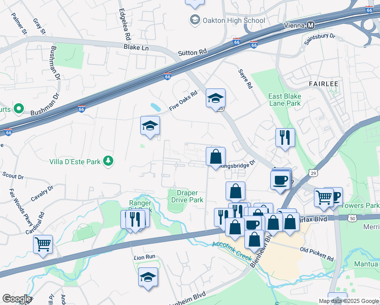 map of restaurants, bars, coffee shops, grocery stores, and more near 9741 Kings Crown Court in Fairfax