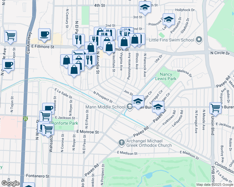 map of restaurants, bars, coffee shops, grocery stores, and more near 2723 North Arcadia Street in Colorado Springs