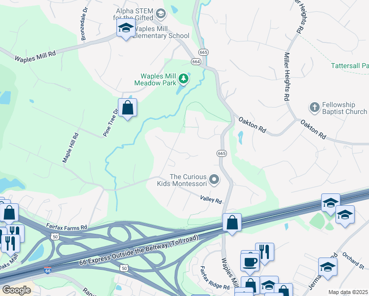 map of restaurants, bars, coffee shops, grocery stores, and more near 11396 Amber Hills Court in Fairfax