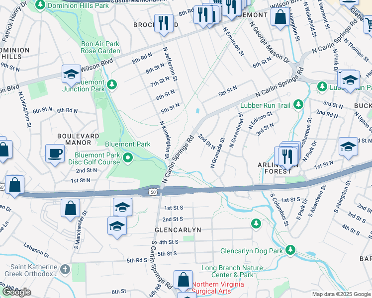 map of restaurants, bars, coffee shops, grocery stores, and more near 5313 1st Place North in Arlington