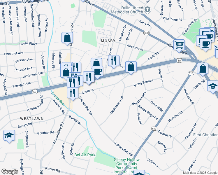 map of restaurants, bars, coffee shops, grocery stores, and more near 6545 South Street in Falls Church