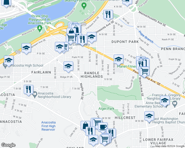 map of restaurants, bars, coffee shops, grocery stores, and more near 2701 R Street Southeast in Washington