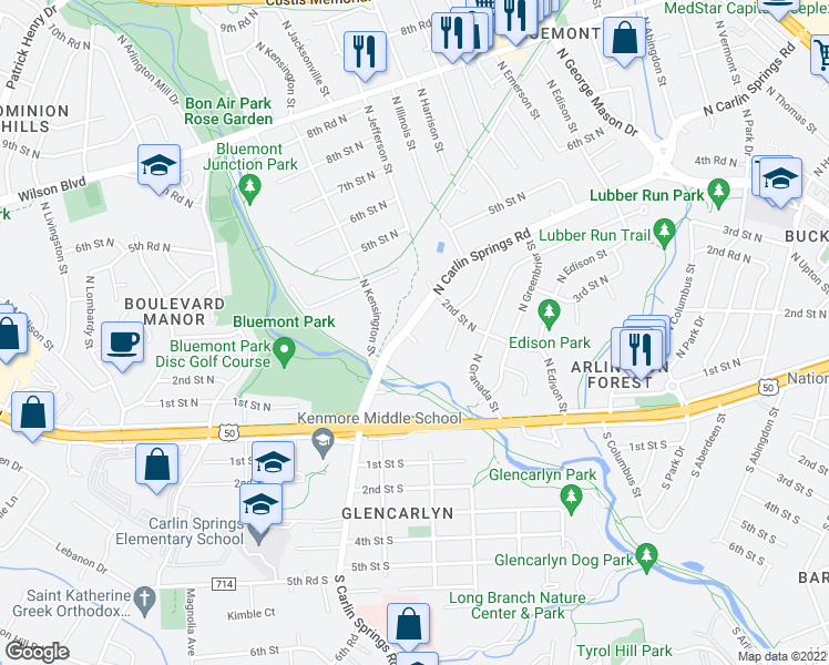 map of restaurants, bars, coffee shops, grocery stores, and more near 5313 1st Place North in Arlington