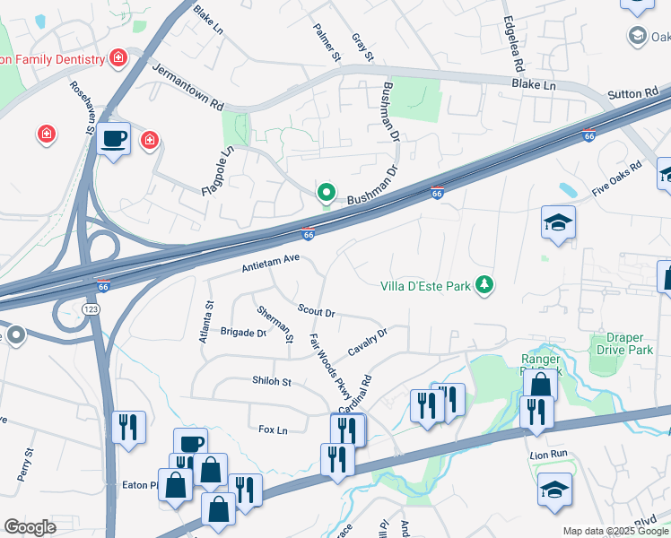map of restaurants, bars, coffee shops, grocery stores, and more near 3157 Plantation Parkway in Fairfax