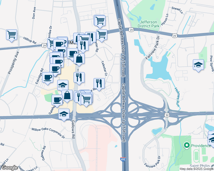 map of restaurants, bars, coffee shops, grocery stores, and more near 8061 Gatehouse Road in Falls Church