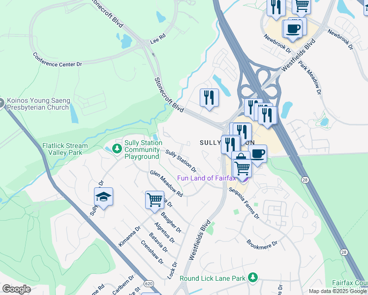 map of restaurants, bars, coffee shops, grocery stores, and more near 14523 Creek Branch Court in Centreville