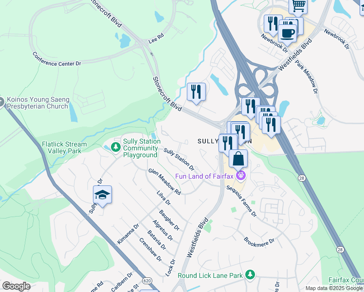 map of restaurants, bars, coffee shops, grocery stores, and more near 14523 Creek Branch Court in Centreville