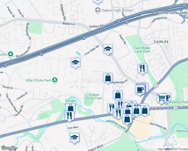 map of restaurants, bars, coffee shops, grocery stores, and more near 9741 Kings Crown Court in Fairfax