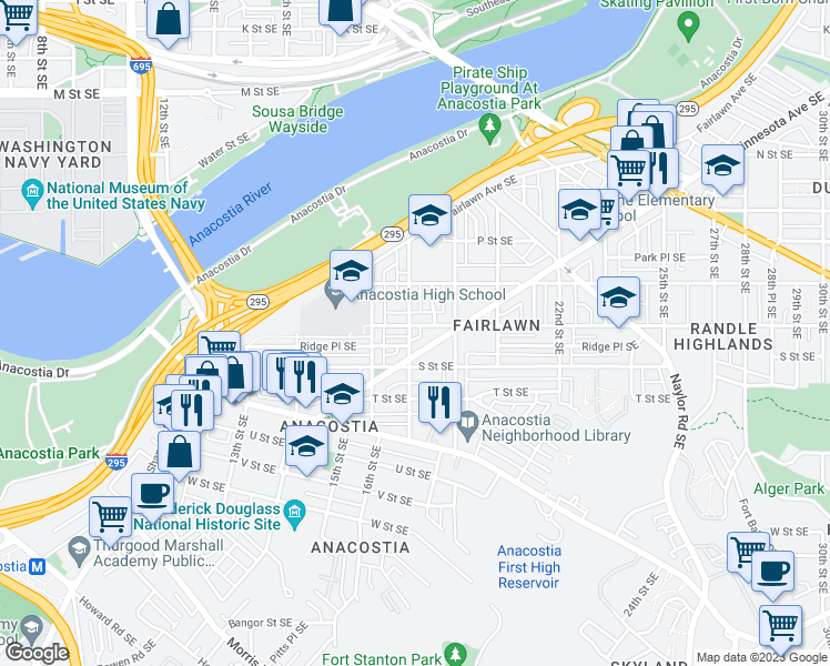 map of restaurants, bars, coffee shops, grocery stores, and more near 1702 17th Street Southeast in Washington