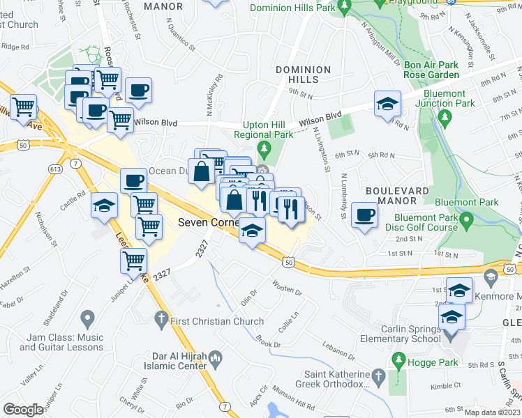 map of restaurants, bars, coffee shops, grocery stores, and more near 6112 Arlington Boulevard in Seven Corners
