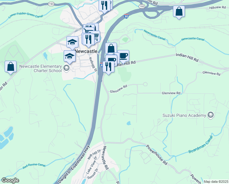 map of restaurants, bars, coffee shops, grocery stores, and more near 1017 Newcastle Road in Newcastle