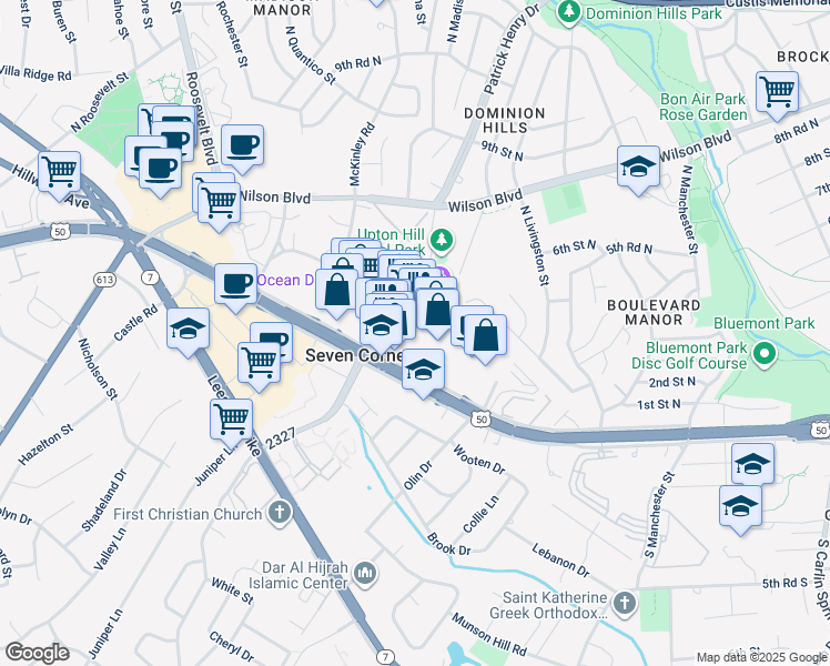 map of restaurants, bars, coffee shops, grocery stores, and more near 6158 Arlington Boulevard in Falls Church