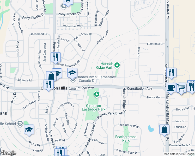 map of restaurants, bars, coffee shops, grocery stores, and more near 2508 Shawnee Drive in Colorado Springs