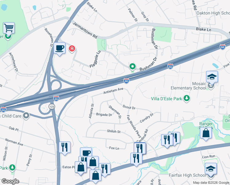 map of restaurants, bars, coffee shops, grocery stores, and more near 10221 Antietam Avenue in Fairfax