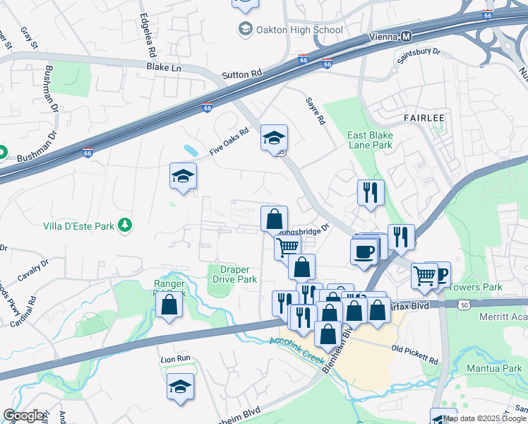 map of restaurants, bars, coffee shops, grocery stores, and more near 9728 Kingsbridge Drive in Fairfax