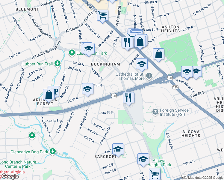 map of restaurants, bars, coffee shops, grocery stores, and more near 4501 Arlington Boulevard in Arlington